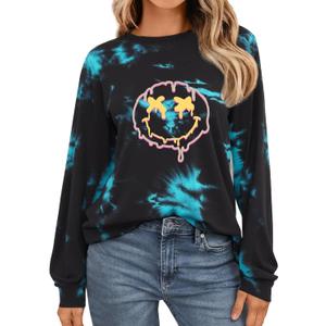 Remidoo Women's Tie Dye Long Sleeve T Shirt Graphic Tees Crewneck Oversized Tshirts Black Medium (Black, M)