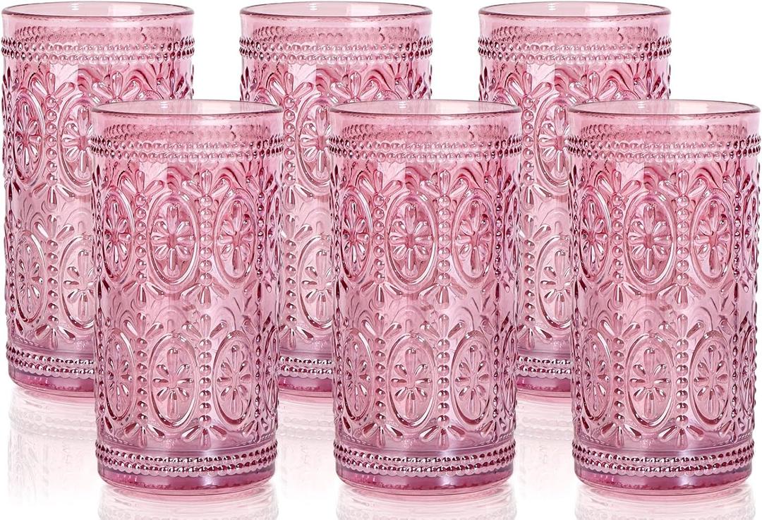 Darlion 6 Pack Pink Glassware Drinking, 12oz Highball Embossed Beverage Glass Cup, Vintage Drinking Glasses, Colored Water Glasses for Party Wedding Home Office and Gift