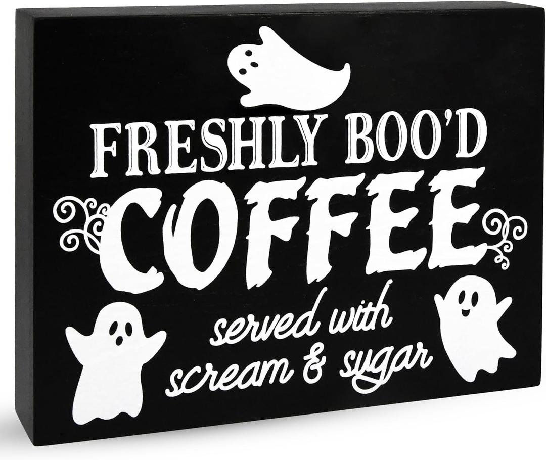 Gift Boutique Halloween Coffee Sign  Freshly Bood Coffee Served with Scream and Sugar Black Wooden Tabletop Plaque for Kitchen, Cafe, Party Decor