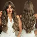 7JHHWIGS 28in Ash Brown Long Wavy Curtain Bangs Wigs Natural Highlight Platinum Heat Resistant Synthetic Fiber Women Body Wave Curly Wigs for Christmas Daily Party Daily Used