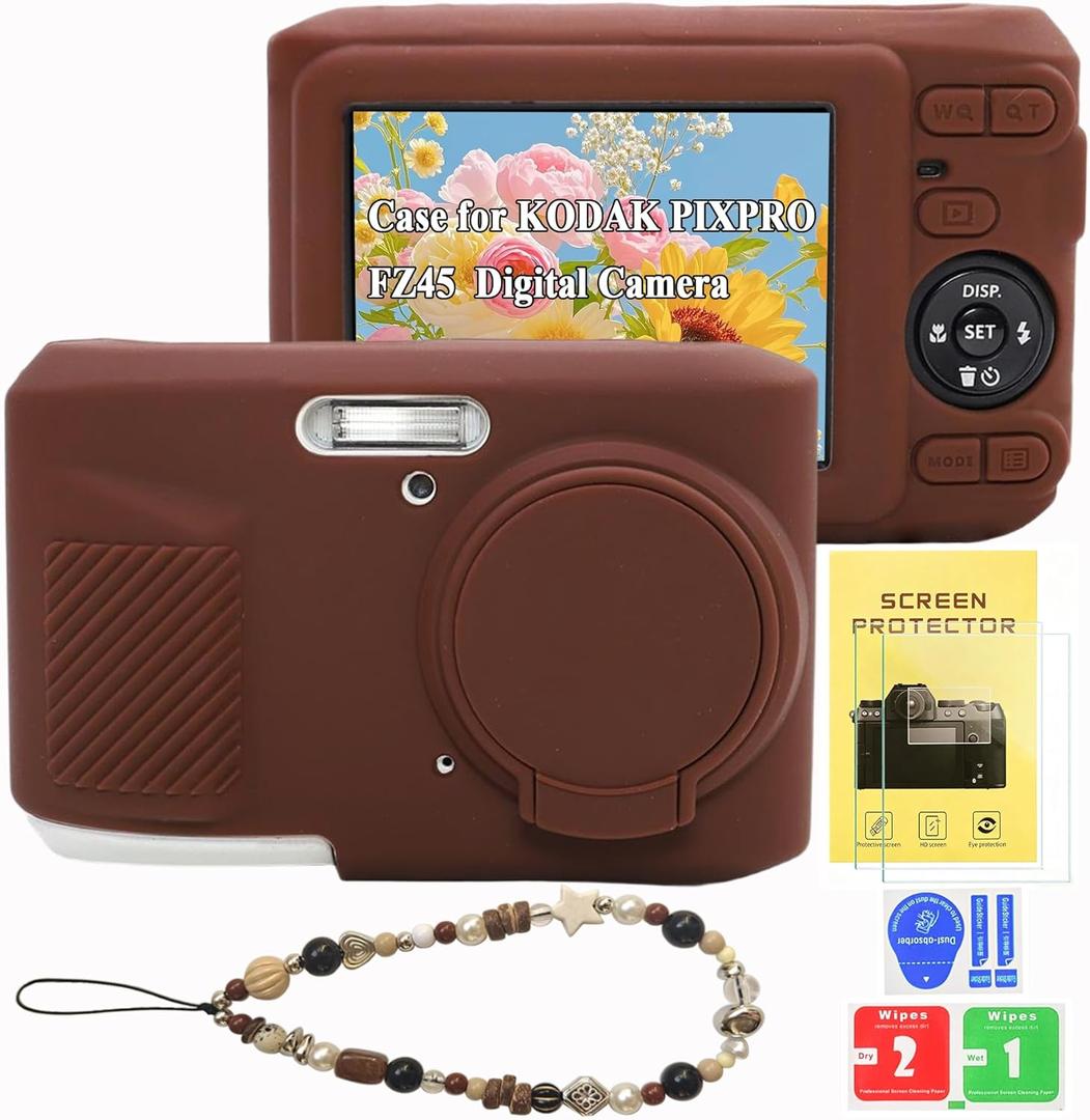 Case for Kodak PIXPRO FZ45, Soft Silicone Digital Camera Case with Charm Wrist Strap and Screen Protector, Lightweight Protector Case with Lens Cover for Kodak PIXPRO FZ45 Accessories (Brown N)