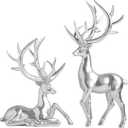 2PCS Christmas Reindeer Resin Sculptures Deer Ornaments Reindeer Statues Light Luxury Casual Shape Suitable for Indoor or Outdoor Country Style Christmas Home Decoration (Silver)