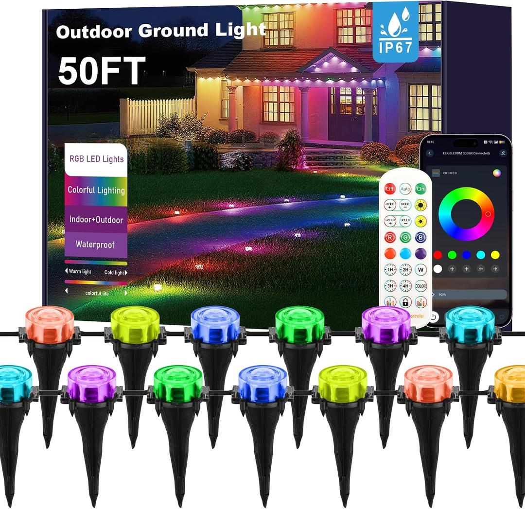 Outdoor Ground Lights, 50FT Smart RGB Pathway Lights with APP/Remote Control, Music Sync, Timer Function, IP67 Waterproof Wired Color-Changing Pathway Light for Garden, Courtyard, Lawn and Parties