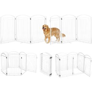 Full Metal Free Standing Dog Gate with Door for Indoor Outdoor, 144'' Extra Wide 32'' Tall Dog Gate for Doorways,Large Openings,Decks,Freestanding Portable Pet Fence(6 Panels,Black)