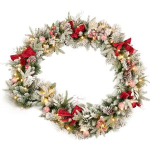 9FT Pre-lit Flocked Snow Christmas Garland, Berries and Bows and 50 Lights, Plug in, Holiday Decoration Fireplace Stairs Mantle Door Indoor Outdoor