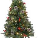 3Ft Pre-Lit Artificial Christmas Tree Tabletop with AC-Powered 100 Warm LED Red Berries Pine Cone Pine Needle, Greenery Potted Christmas Tree for Indoor, Porch, Outdoor
