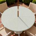 Round Outdoor Tablecloth with Zipper and Umbrella Hole, Fitted Table Cloth with Elastic, Oil Waterproof Tablecover for Patio Picnic Camping Garden Fits 61"-65" Round Table, Green Stripes