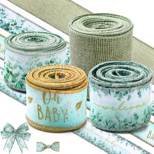 Waydress 4 Rolls Green Oh Baby Theme Ribbon 2.5 Inch Wired Baby Shower Ribbon for Diaper Cake Wreaths Bows Gift Wrapping DIY Crafts Girl Baby Shower Decoration