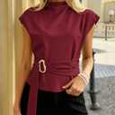 PRETTYGARDEN Women Blouses Spring Dressy Cap Sleeve Mock Neck Work Shirts Buckle Tunic Summer Business Casual Tops 2026 (Red, S)