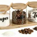 LemonRoad 3 Pack Coffee Sugar Tea Container Set Glass Jars with Bamboo Tray Decorative Container with Lid and Spoon Clear Condiment Jars Storage for Coffee Bar Drink Station Countertop Home Decor