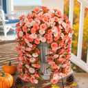 HyeFlora Artificial Fake Fall Hanging Flowers for Outdoor Decor, 2PCS Faux Silk Morning Glory Hanging Plants Mums Vine for Home Garden Wall Party Indoor Outside Decoration (Fall Orange+Light Orange)