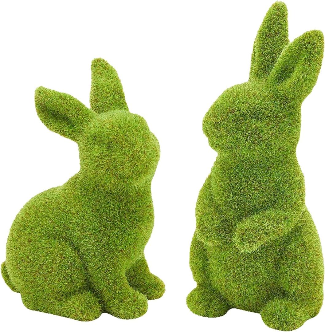 Easter Bunny Decor, 2pcs Flocked Bunny Moss Bunnies Spring Decor Resin Rabbit Figurines for Table Desk Easter Decorations (Small 2pcs)