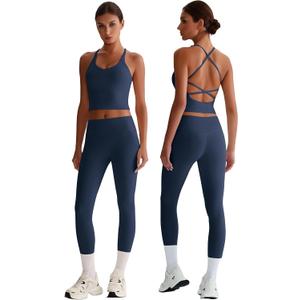Women 2 Piece Workout Sets Halter Tank Top Wide Leg Leggings (Blue)
