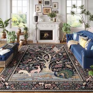 Rugcomf Area Rugs 9x12 Living Room Vibrant Tree of Life-Patterned Vintage Washable Rug Non Slip Low Pile Large Rug for Bedroom Farmhouse Dining Room Kids Playroom, Black