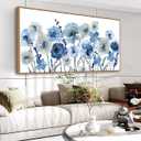 Framed Flowers Canvas Wall Art - Indigo Floral Canvas Pictures Living Room Wall Decor Botanical Canvas Prints Painting Abstract Artwork Bedroom Office Home Decor 20"x 40"