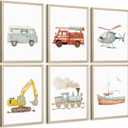 Car Wall Art Boys Room Canvas Wall Decor Nursery Prints Transportation Vehicle Wall Art Kids Toddler Posters Construction Truck Picture Boy Nursery Artwork for Bedroom Playroom 8x10 Inch Framed 6Pcs