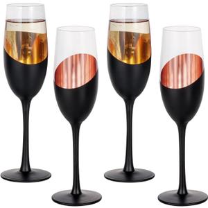 MyGift 8 oz Modern Stemmed Champagne Flutes with Angled Matte Black and Copper Plated Accent, Sparkling Wine Stemware, Wedding Party Toasting Glasses, Set of 4