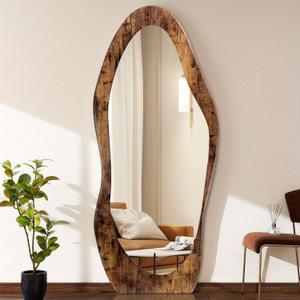 FEUFOAM Full Length Mirror 59" x 24" Irregular Wall Mirrors Wood Framed Full Body Mirror Hanging or Leaning Against Wavy Floor Mirrors for Living Room Bedroom Entryway Bathroom Retro Brown