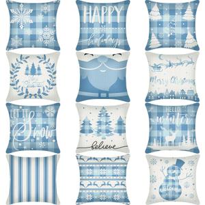 Huwena 12 pcs Christmas Pillow Covers 18x18 Inch Holiday Tree Snowflake Decor Christmas Couch Throw Pillow Cases for Sofa Living Room Home Farmhouse Decor (Blue)