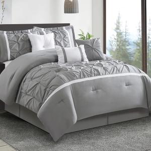 Grey Comforter Set, Queen, 7 Piece Bed in a Bag, Microfiber Handcrafted Pintucking, All Season Bedding Set with Comforter, Bedskirt, Pillow Shams and Decro Pillows