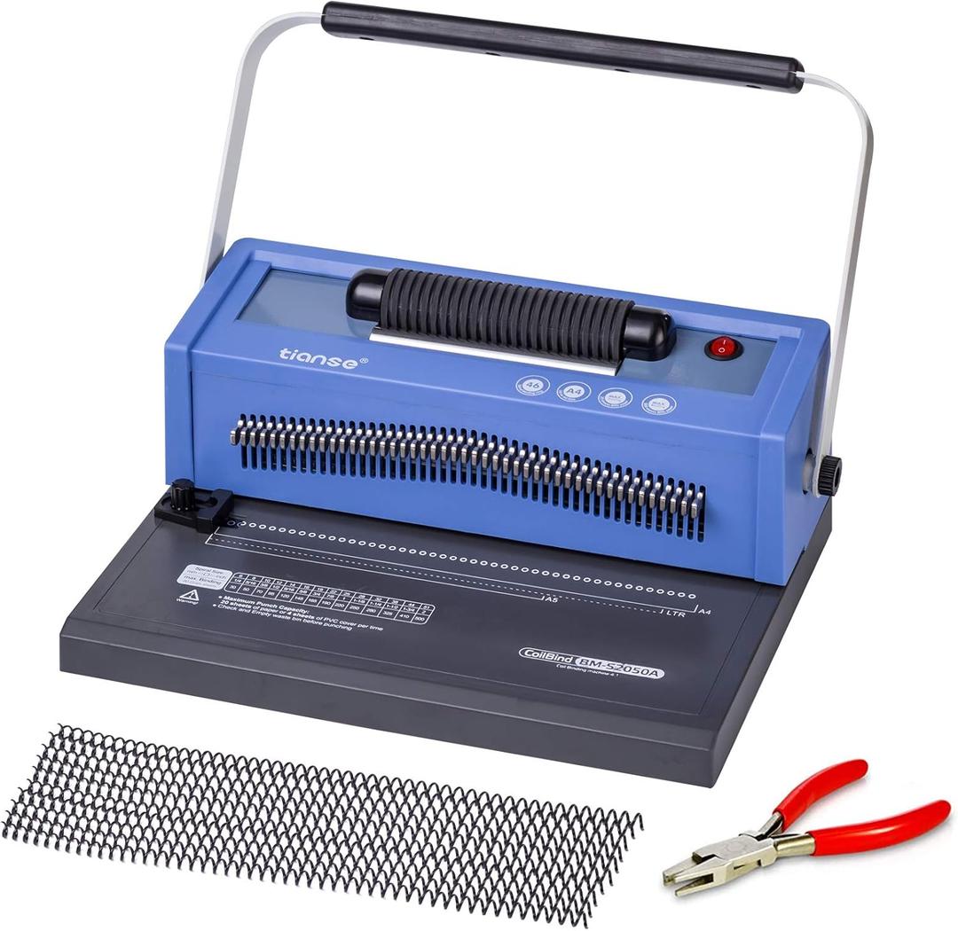 Spiral Coil Binding Machine, Manual Book Maker Punch Binder with Electric Coil Inserter, Disengaging pins, Adjustable Side Margin, Comes with 100pcs 5/16'' Plastic Coil Binding Spines & Plier