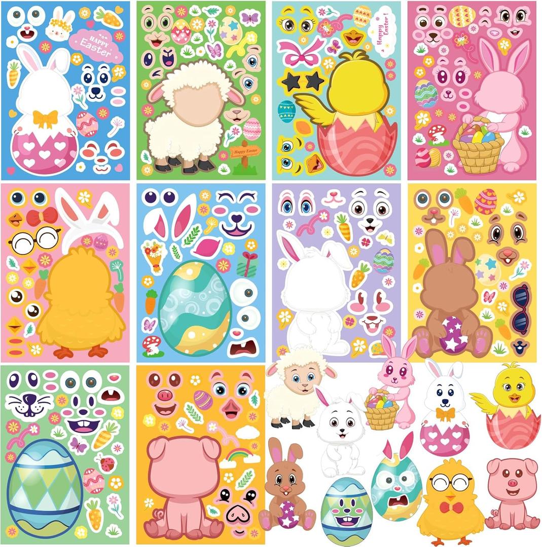 50 Sheets Easter Stickers For Kids, Make Your Own Bunny Stickers For Toddlers, Easter Basket Stuffers Easter Gifts for Kids, Easter Crafts With 4 Tattoos For Easter Game Activities Easter Party Favors,Set of 4
