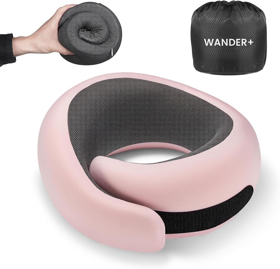 WANDER PLUS Genuine Travel Pillow, 100% Pure Memory Foam Neck Pillow for Airplanes, Comfortable Breathable Cover, 360 Support Stowable Pillows for Sleeping, Car, Airport Travel Essentials Pink