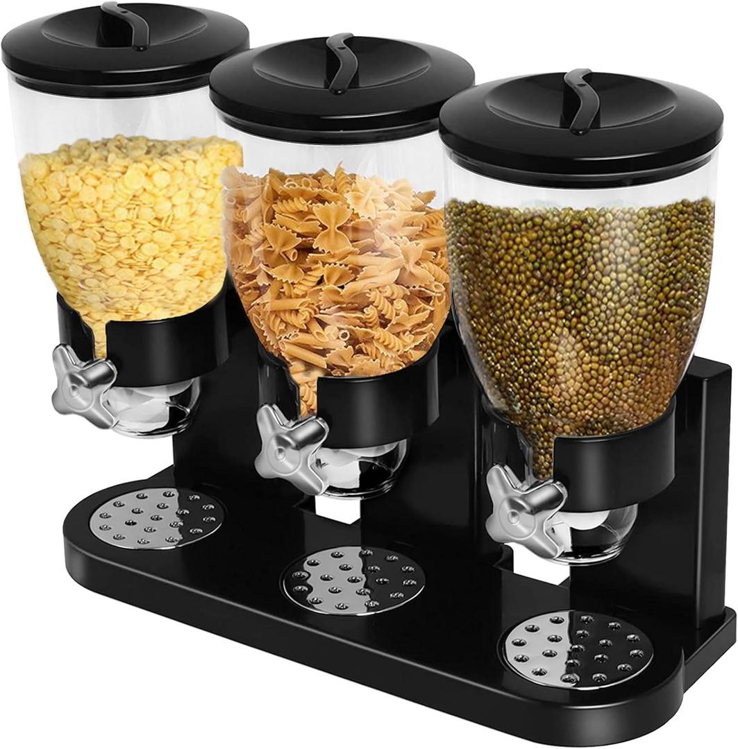Cereal Dispenser Countertop, Large Capacity Cereal Dispenser for Pantry, Triple Dry Food Dispenser Cereal Containers Storage Dispenser for Candy Nuts Grain Rice Snack Granola(Black)