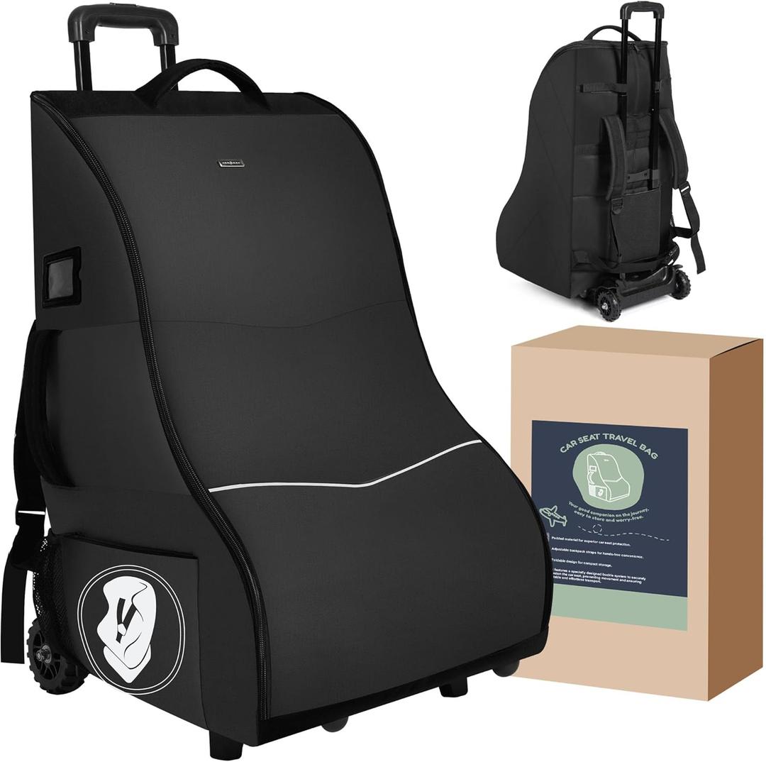 Rolling Car Seat Travel Bag with Wheels  Car Seat Backpack Transport Case for Airplane Travel, Fits Convertible & Booster Seats, Protective Storage Cover, Black