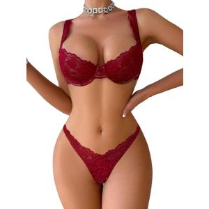 Lilosy Sexy Floral Lace Scallop Underwire Push Up Sheer Lingerie Set Outfits (Medium, Burgundy Red)