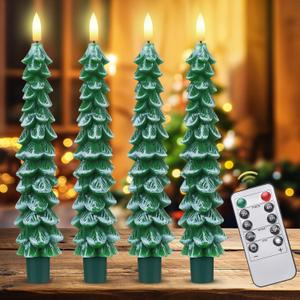 Koncifun 4 Pcs Christmas Tree Candles with Remote and Timer LED Flameless Taper Candles Christmas Tree with Snowy LED Candlesticks Battery Operated Candle for Christmas Decoration