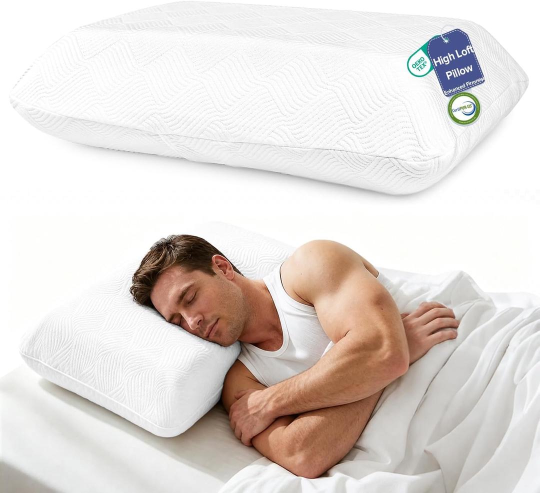 7 Inch High Loft Memory Foam Pillow for Side Sleepers, Extra Firm High Prodile Pillow for Broad Shoulders & Large Frames, Breathable Washable Cover