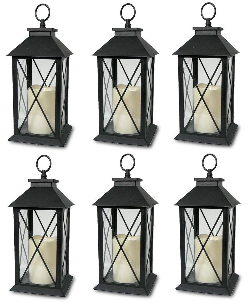 Decorative Black Lanterns Set of 6 with LED Flameless Candles Outdoor & Indoor Lantern Decor with 4 Hour Timer Cross Bar Design Hanging or Tabletop Lanterns 13 Inch
