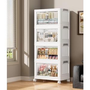 Hanyi 140 QT Stackable Storage Bins with Lids, 4 Tier Collapsible Plastic Storage Cabinet with Magnetic Doors, Removable Top Lid, Locking Wheels, Closet Organizer for Bedroom, Pantry, Office
