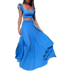 Vakkest Womens Summer Sexy 2 Pieces Outfits Ruffle Floral Tank Top Wrap Boho Tropical Long Skirt Set Clubwear Dresses, Size L, Blue