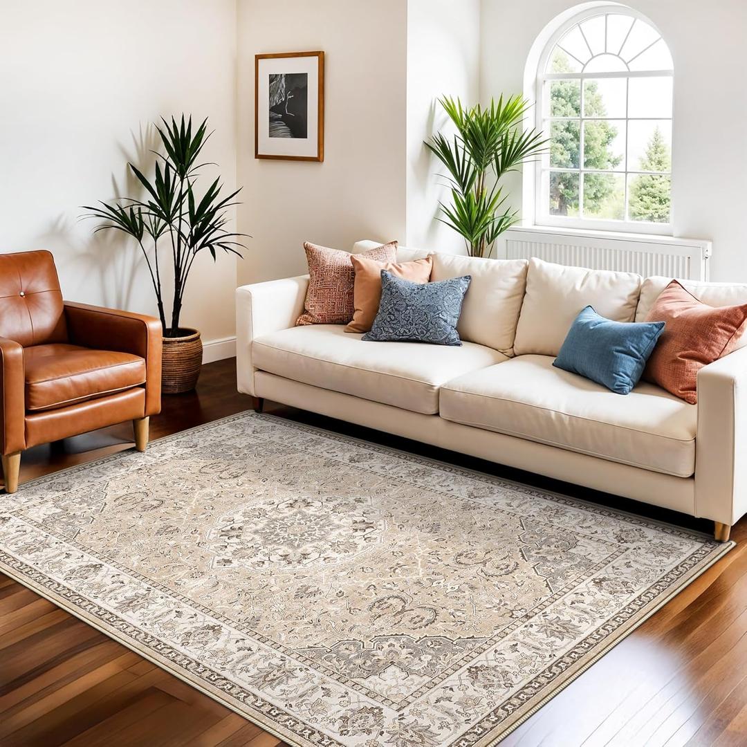 Living Room 4x6 Area Rugs: Vintage Farmhouse Washable Non-Slip Rug for Bedroom Dining Room Ultra Soft Indoor Carpet for Nursery Kitchen Durable Low-Pile Neutral Floor Mat for Pet Owners(4x6 Beige)