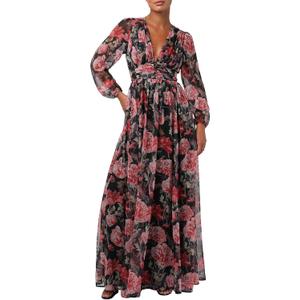 Lulus Pearl Long Sleeve Floral Dress for Women, Cocktail Maxi Dress (Size Medium, Burgundy)