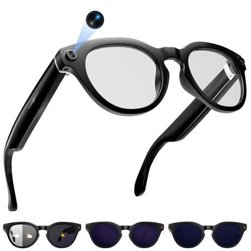 AI Smart Glasses with Camera, 2K Camera Glasses,12MP Video Recording Glasses, Real Time Translation, AI Voice Assistant,Sunglasses with 3 Pack Lenses - Photochromic Lenses,Purple and Blue Lenses
