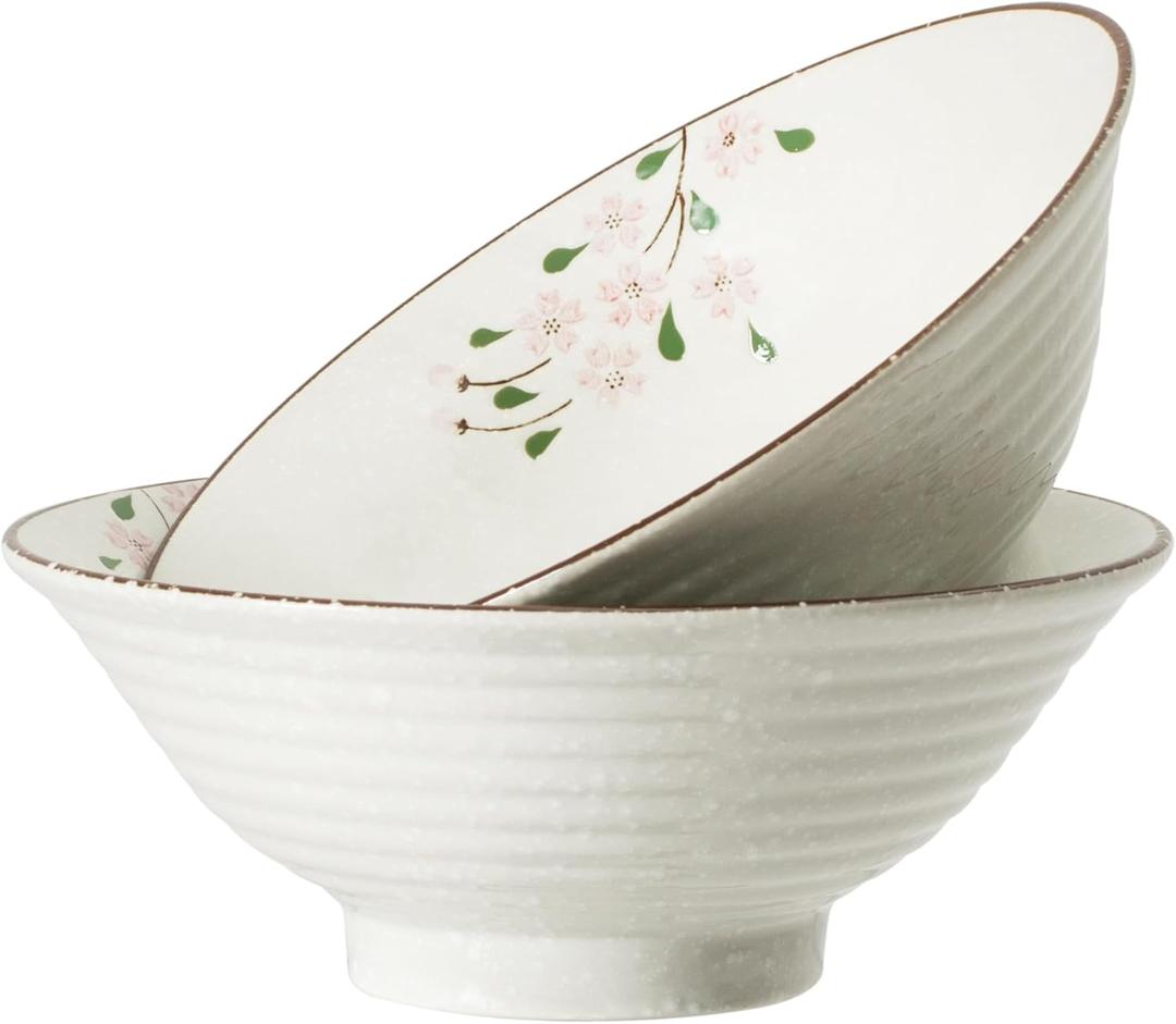 8.8 Inch Large Bowls - Ceramic Deep Bowls for Ramen, Noodle, Soup, Salad (2Pack, Pink Sakura)