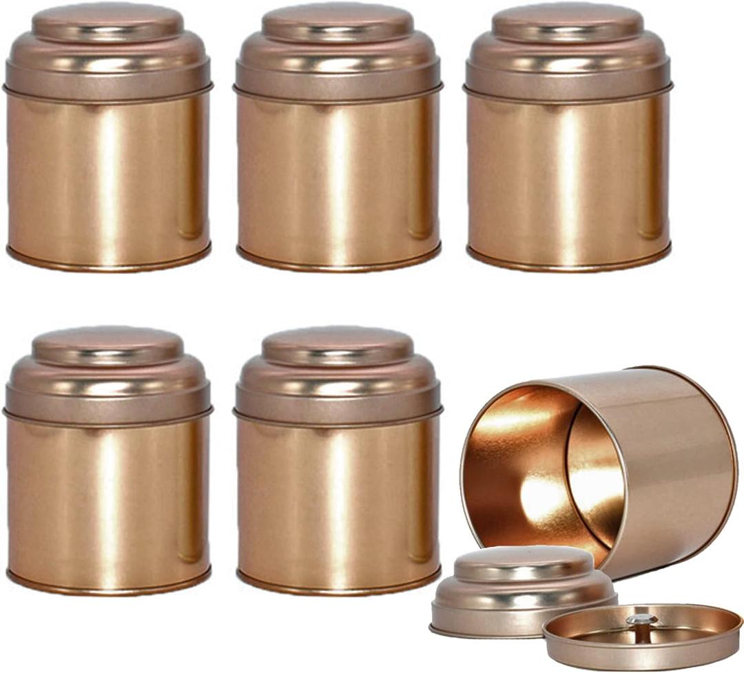 6 Pack Tea Tin Canister with Airtight Double Lids for Loose Tea, Mini Tea Storage Containers Round Tin Canister for Storage Teas Bags Coffee Sugar，8 Fluid Oz, Rose Gold