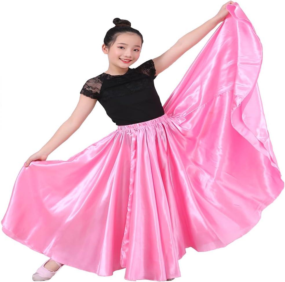 Girls Satin Full Dancing Circle Long Flowy Dance Skirt for Belly Dance, Flamenco, Classical & Folk Dance (8-12 Years, Pink)
