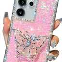Kwhapoo Cute Compatible with Samsung Galaxy S23 Ultra 6.8 inch Girly Case, Bling Glitter Diamond Butterfly Kickstand Case, Soft Silicone Cases for Women (Pink)