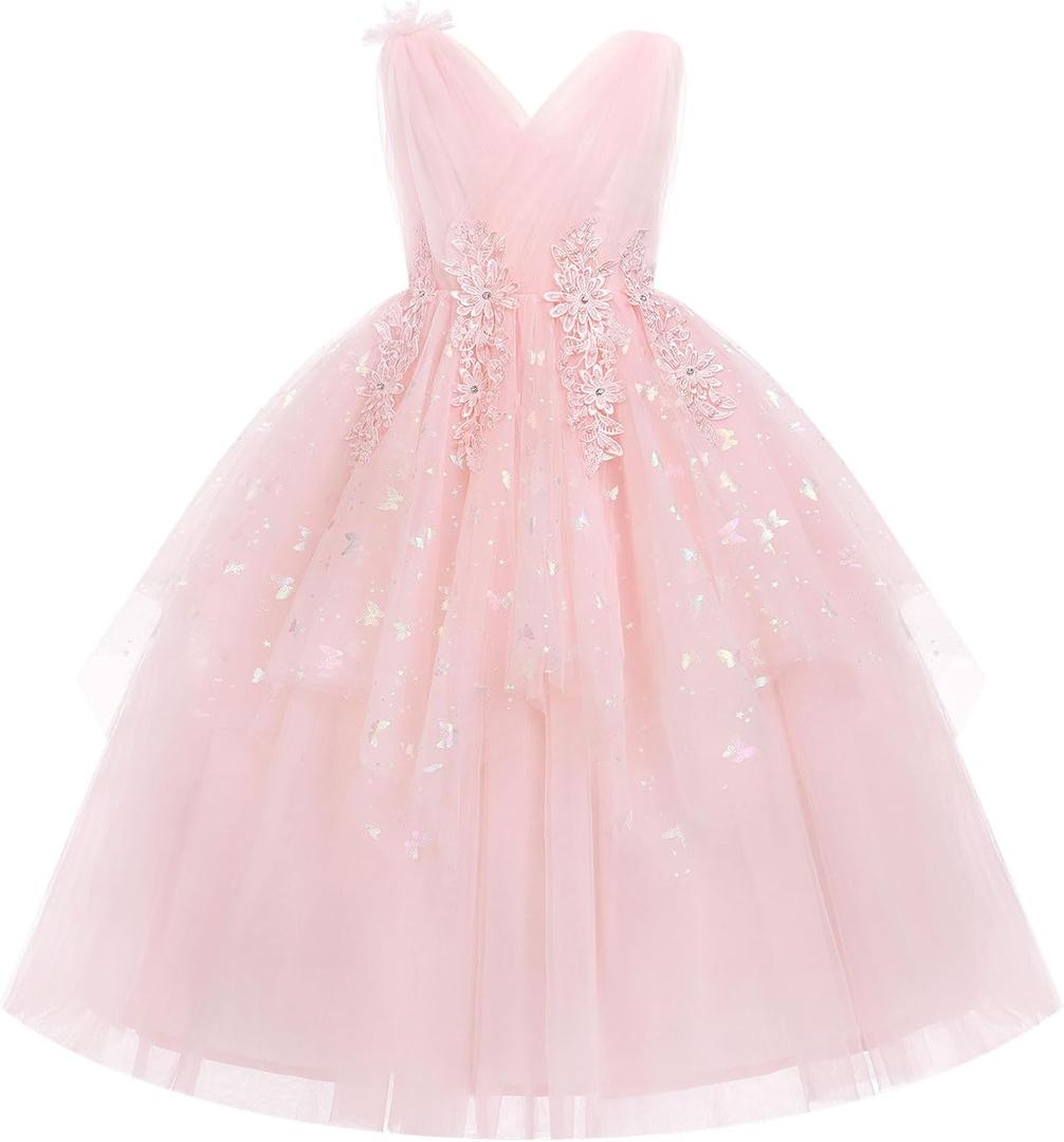 Flower Girl Formal Wedding Dress Sparkly Butterfly Junior Bridesmaid Pageant Outfit Princess First Communion Prom Gown (9-10 Years, Pink)