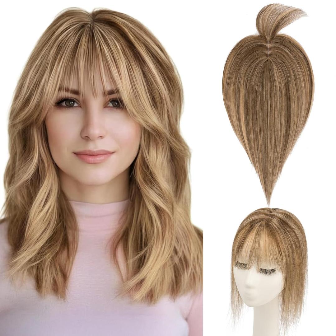 Hairro Human Hair Topper with Wispy Bangs, Clips on 360 3D Cover Real Hairpieces Lightweight, 2.25"x6" Base for Women with High Hairline/Thinning Hair, 8 Inch Medium Brown Mix Dark Blonde Bangs