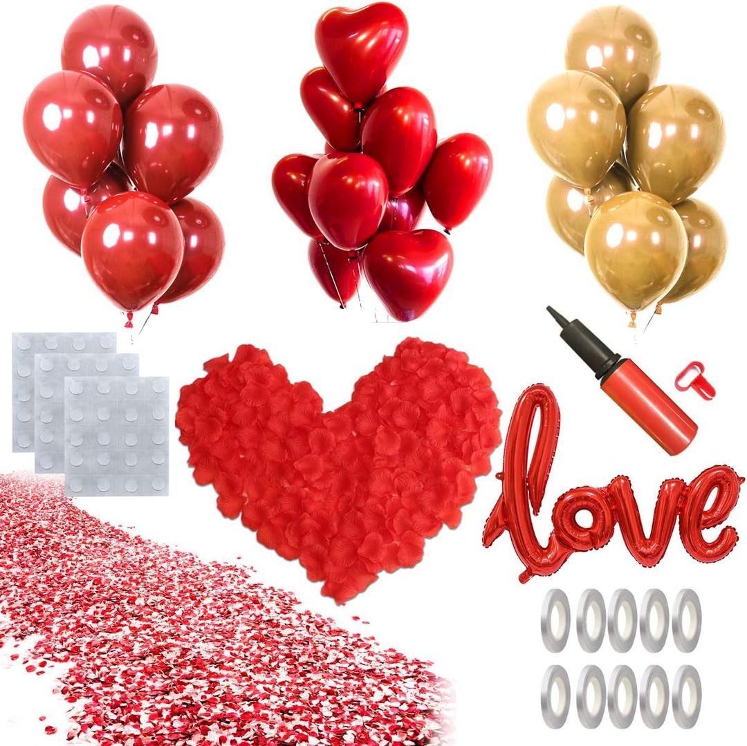 50PCS Love Balloons and Heart Balloons Kit&2000 PCS Silk Rose Petals 42Inch I Love You Balloon Gold Balloons Romantic Decoration Kit Double-Layer Easy to Use for Valentine Day Party Decorations