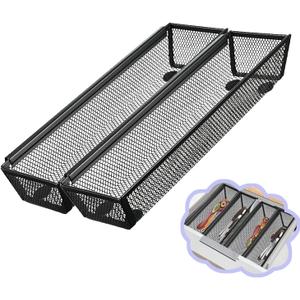 2PCS Drawer Organizer for Kitchen,Utensil Mesh Drawer Organizer with Interlocking Arm for Cosmetic,Flatware,Pen (12 * 3 * 2 Inches,Black)