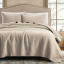 WDCOZY 100% Cotton King Size Quilt Set - Beige Neutral Striped Pick Stitch Soft Lightweight Bedspread, Textured Like Linen, Farmhouse Country Rustic Coverlet, Shabby Chic Gauze Bedding, 3 Pieces