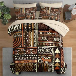 Comforter Set Queen Size, Vintage Tribal African 7 Pcs Bedding for Kids and Adults, Brown Abstract Patchwork Bed Sheet Sets with Fitted Sheet 2 Pillowcases & 2 Shams