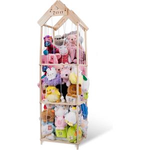 WodGod Stuffed Animal Zoo Storage,Wooden Stuffed Animal Holder,Space Save Stuffed Animal Display,Extra Large Capacity Wooden Plushies Organizer with Elastic Band