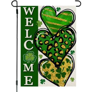 2 Packs CROWNED BEAUTY St Patricks Day Garden Flag Shamrocks Clover Heart 12x18 Inch Double Sided Green Holiday Decoration for Outdoor Lawn Yard CF1934-12